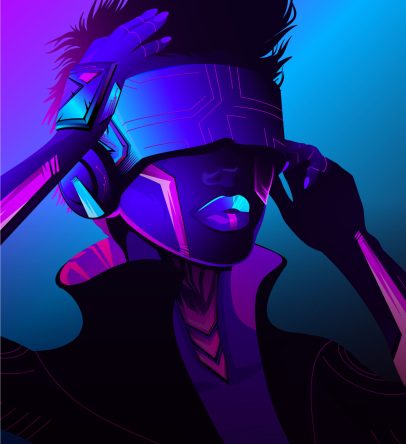 Colorful vector illustration of beautiful girl wearing virtual reality headset with neon futuristic lights on background.